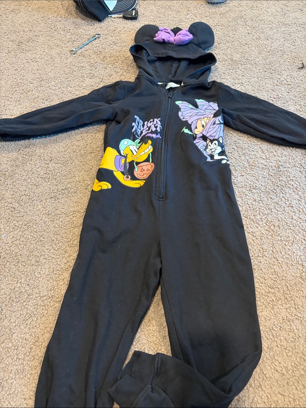 B68 H&M Disney Black Minnie Mouse Halloween Hooded 1pc with Purple Bow